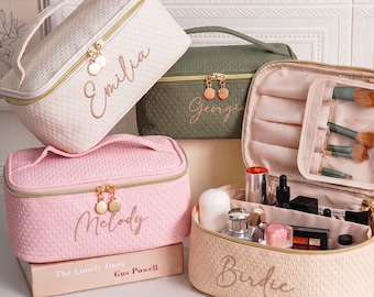 Make-uptas met grote capaciteit, geborduurde leren make-uptas, make-uporganizer, cadeau voor bruidsmeisje, make-uptasje bruidsmeisje, make-uptasje, make-uptasje