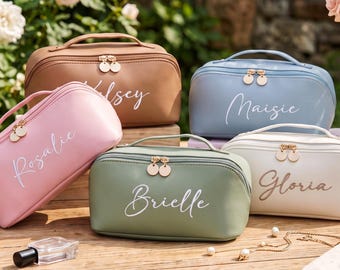 Personalized Embroidered Leather Makeup Bag,Bridesmaid Makeup bag,Large Capacity Cosmetic Bag,Anniversary Gift Women,Travel Storage Organize