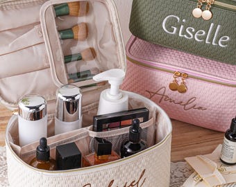 Personalized Leather Embroidered Makeup Bag, Large Cosmetic Bag, Bridesmaid Gift