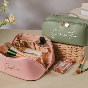 Leder bestickte Schminktasche, große Kosmetiktasche, Brautjungfer Geschenke, Make-up Veranstalter, Brautpartygeschenk, Weihnachtsgeschenk Frauen