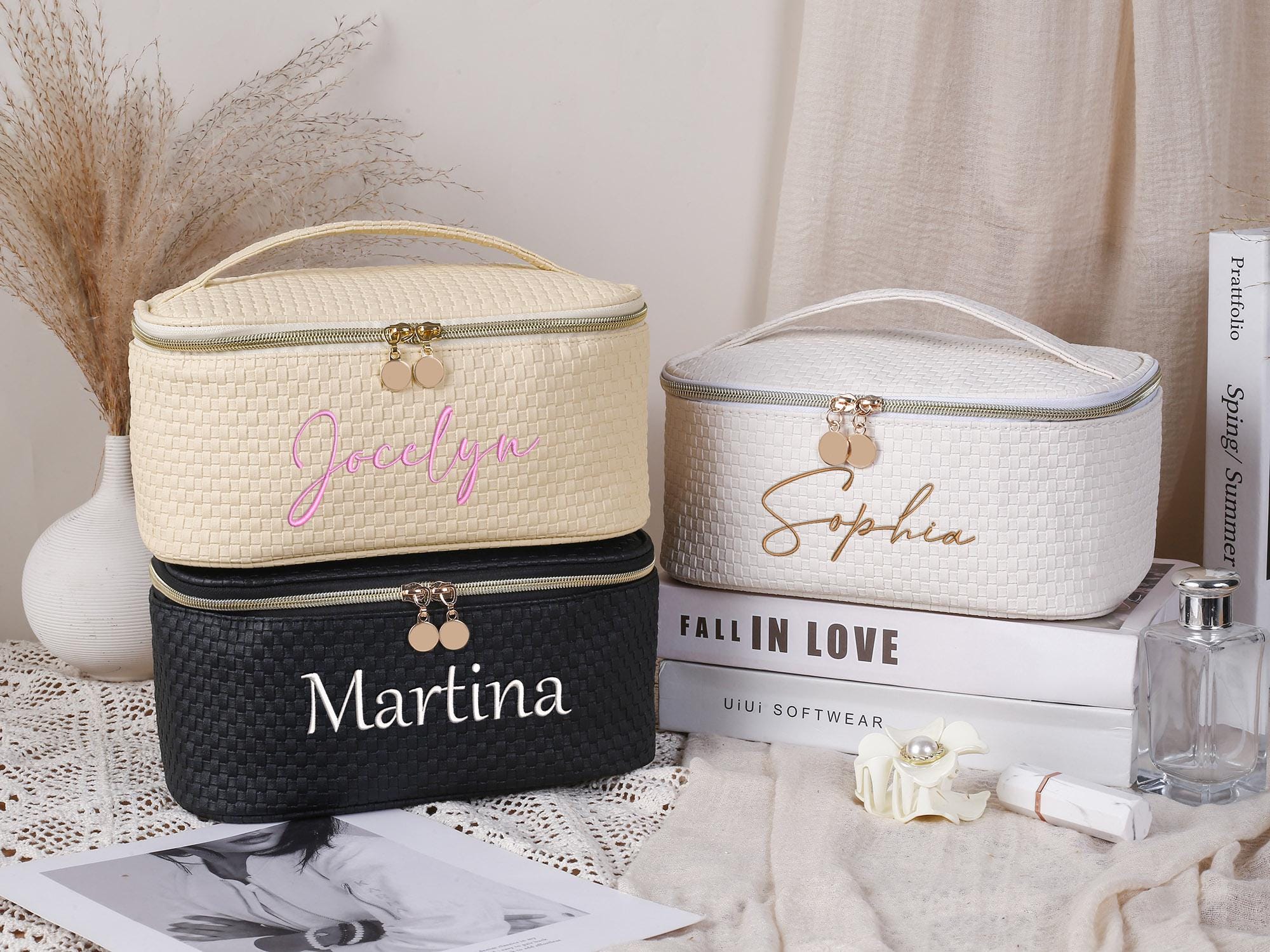 Leather Embroidered Makeup Bag,Large Capacity Cosmetic Bag, Makeup Organizer,bridesmaid gift,bridesmaid makeup bag,Cosmetic Bag