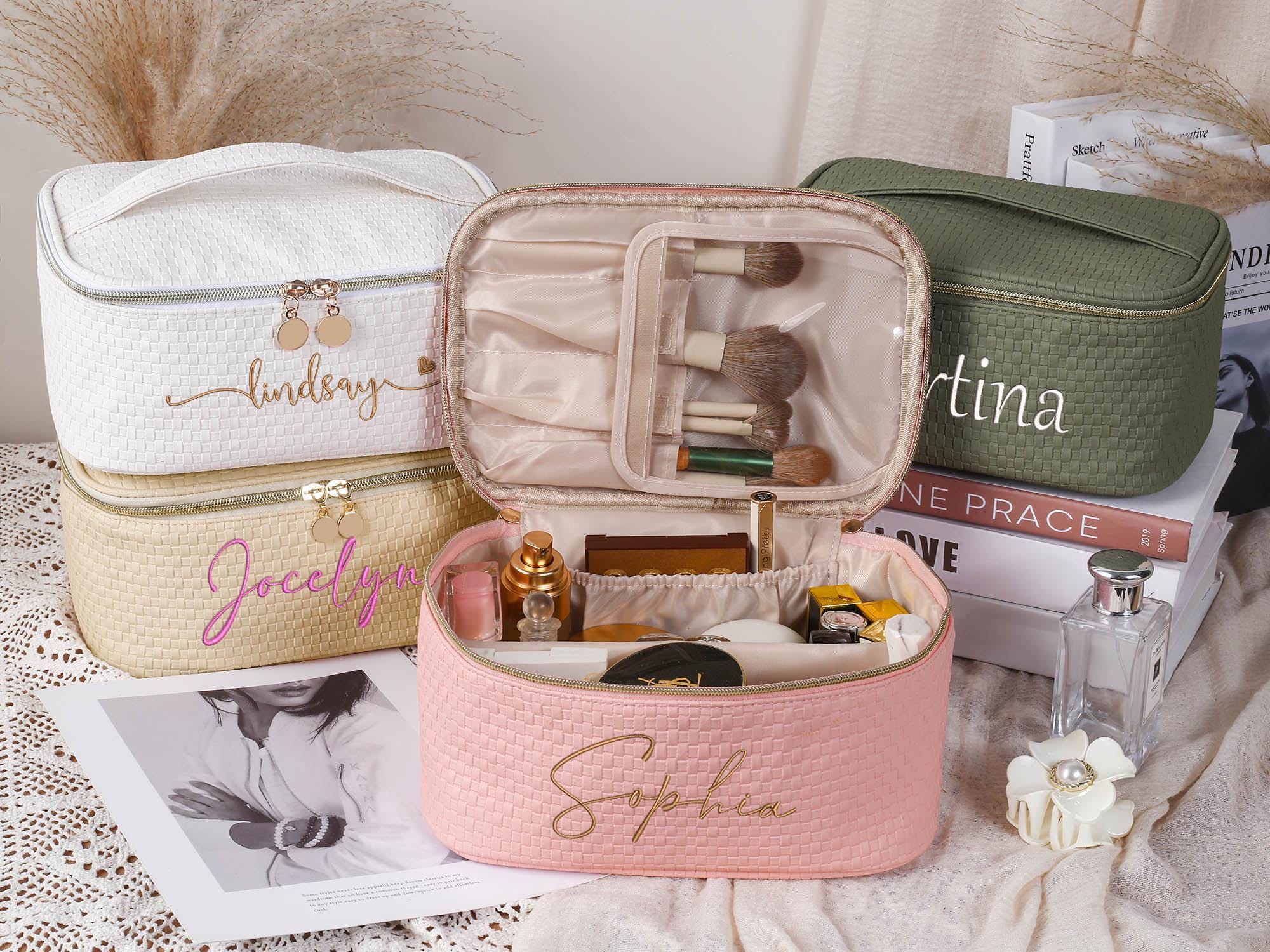 Leather Embroidered Makeup Bag,Large Capacity Cosmetic Bag, Makeup Organizer,bridesmaid gift,bridesmaid makeup bag,Cosmetic Bag