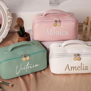 Trousse de maquillage personnalisée en cuir brodée, Trousse de maquillage de demoiselle d'honneur, Trousse à cosmétiques de grande capacité, Cadeau d'anniversaire pour femme, Rangement de voyage