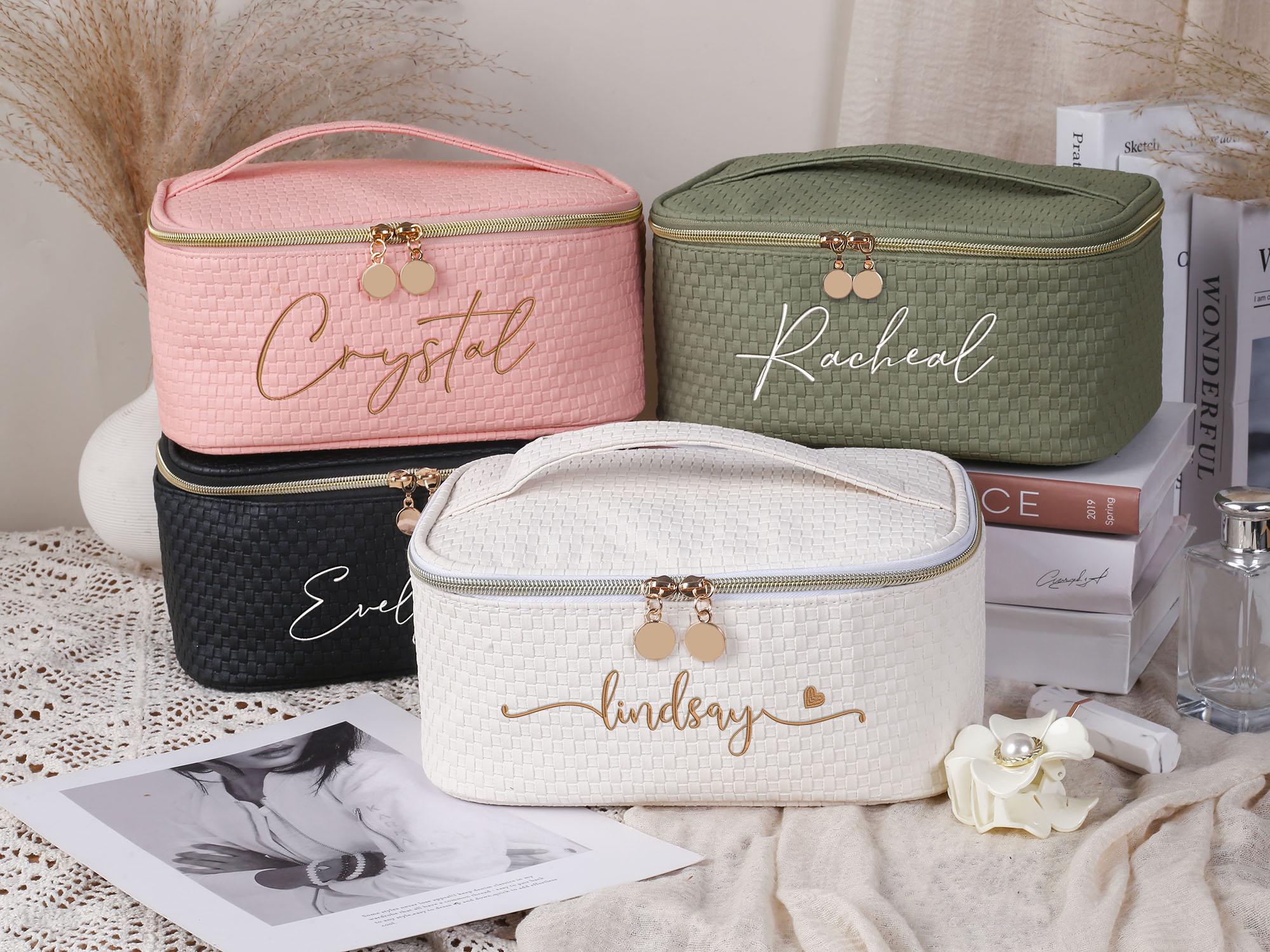 Leather Embroidered Makeup Bag,Large Capacity Cosmetic Bag, Makeup Organizer,bridesmaid gift,bridesmaid makeup bag,Cosmetic Bag