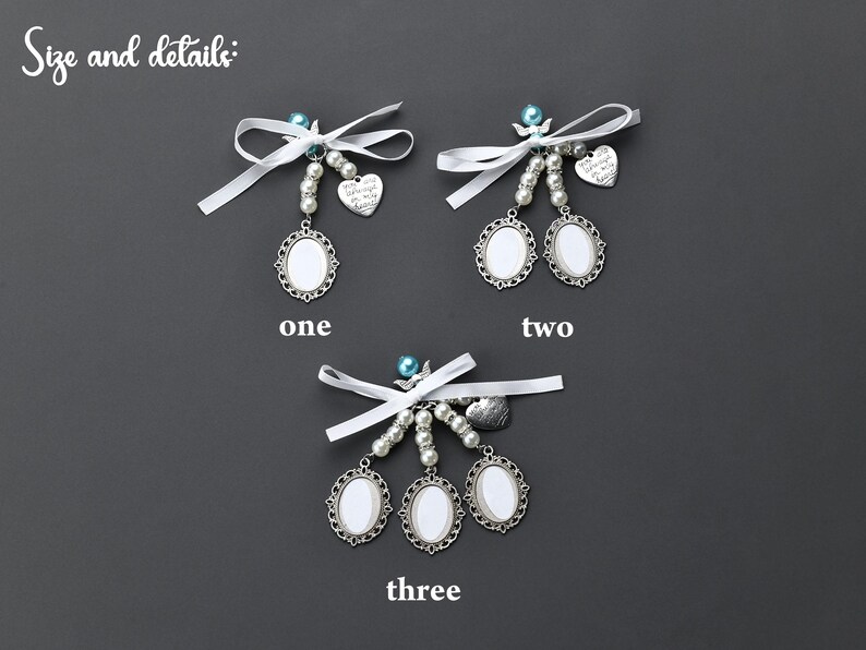 May include: Three white satin ribbon and pearl charm keychains with silver oval photo frames. The charms include a heart with the text "Forever and Always" and a small angel.