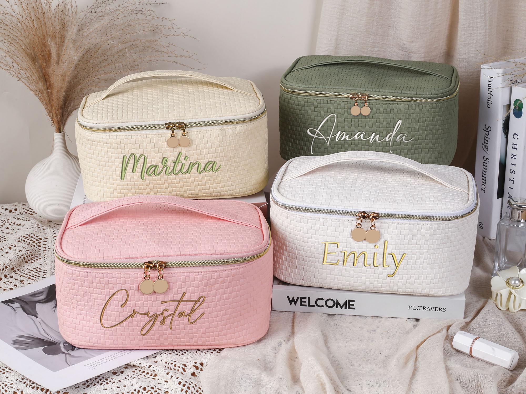 Leather Embroidered Makeup Bag,Large Capacity Cosmetic Bag, Makeup Organizer,bridesmaid gift,bridesmaid makeup bag,Cosmetic Bag