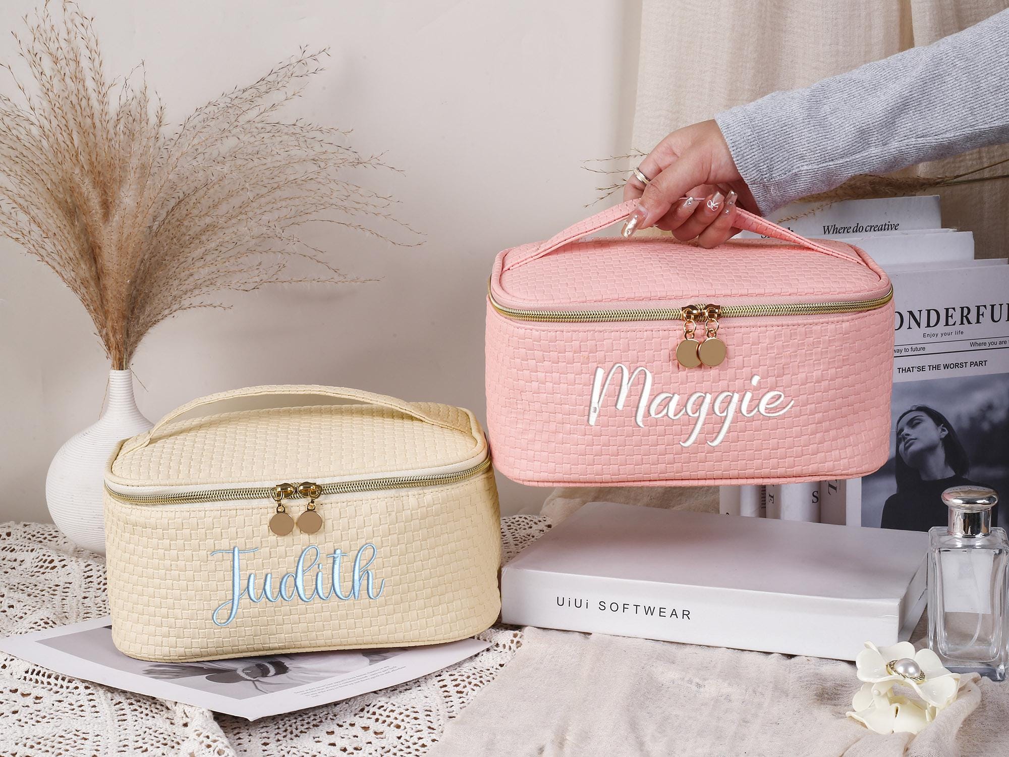 Leather Embroidered Makeup Bag,Large Capacity Cosmetic Bag, Makeup Organizer,bridesmaid gift,bridesmaid makeup bag,Cosmetic Bag