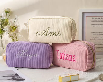 Trousse de maquillage en velours côtelé brodé, trousse de maquillage à monogramme, trousse de maquillage de demoiselle d'honneur personnalisée, cadeau de demoiselle d'honneur, cadeau de Noël pour elle