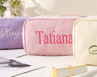 Trousse de maquillage personnalisée en velours côtelé brodé, trousse de maquillage à monogramme, trousse de maquillage de demoiselle d'honneur, cadeau de demoiselle d'honneur, cadeau de Noël pour elle