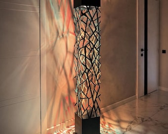 Modern Metal Column Floor Lamp, Laser-Cut Steel, RGB Ambient Lighting, Indoor Outdoor Accent Light