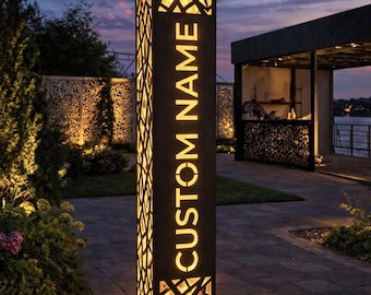 Custom LED Garden Column Light | Personalized Outdoor Lamp | Metal Address Sign | Modern Yard Lighting