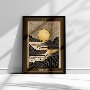 Arte impressa da carta de tarô The Sun - Arte de parede espiritual minimalista, pôster Boho Sun, decoração de tarô, presente exclusivo, decoração para sala de meditação