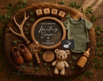 Just in Time for Hunting Season Pregnancy Announcement Digital Template, Editable Neutral Hunting Baby Announce, Oh Deer Social Media Reveal