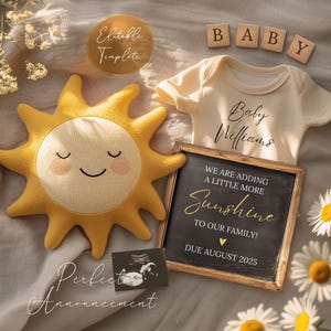 Einfache Boho Sunshine Schwangerschaftsankündigung Digitale Vorlage, bearbeitbare Sommer Babyankündigung, geschlechtsneutrale Sunshine Baby Reveal Canva