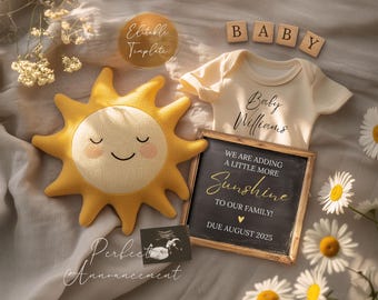 Simple Boho Sunshine Pregnancy Announcement Digital Template, Editable Summer Baby Announcement, Gender Neutral Sun Baby Reveal Canva