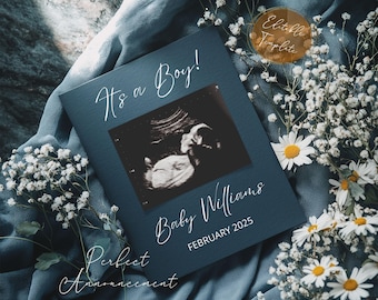 It&#39;s a Boy Baby Gender Reveal, Simple Pregnancy Announcement Digital Canva Template, Dark Blue Boy Baby Announcement Social Media Download
