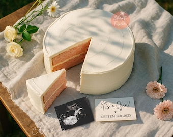 It's a Girl Baby Gender Reveal Digital Template, Simple Pink Cake Pregnancy Announcement Digital