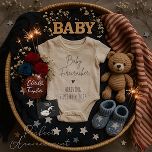 July 4th Pregnancy Announcement Digital Template, Editable 4th of July Baby Announce, Patriotic Little Firecracker Social Media Reveal
