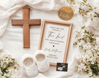 Simple Christian Pregnancy Announcement Digital Template, Editable Boho Religious Baby Announcement, Isaiah 60:22 Bible Verse Baby Reveal