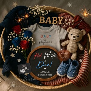 Patriotic Red White And Due Pregnancy Announcement Digital Template, Editable July 4th Pregnancy Announce, Patriotic Pregnancy Reveal