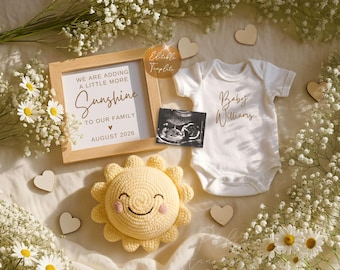 Simple Boho Sunshine Pregnancy Announcement Digital Template, Editable Summer Baby Announcement, Gender Neutral Sun Baby Reveal Canva