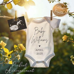 May include: A white baby onesie with gray trim is hanging on a clothesline with a sonogram photo. The onesie has the text "Baby Williams" and "April 2025" printed on it. A circular tag reads "Editable Template".