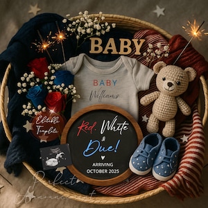 Simple July 4th Pregnancy Announcement Digital Template, Editable 4th of July Baby Announce, Patriotic Red White And Due Social Media Reveal