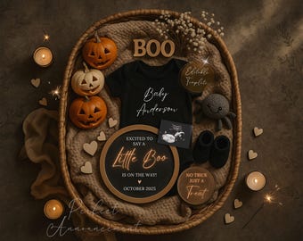 May include: A Halloween-themed baby announcement. A black onesie with "Baby Anderson" is surrounded by carved pumpkins, a "Little Boo" sign, baby shoes, and a plush spider in a woven basket. The announcement includes the text "Excited to say a Little Boo is on the way! October 2025."