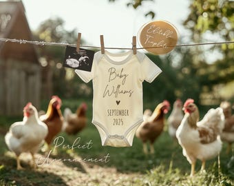 Modèle de toile numérique pour faire-part de grossesse poulet simple, Boho Farm Baby Reveal, faire-part de Pâques modifiable Western Ranch poule