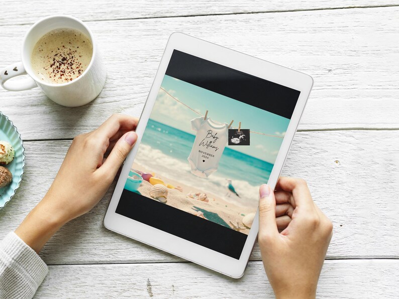 Enkel digital Canva-mall för graviditetsmeddelanden på stranden, tillkännagivande för sommarstranden, redigerbar avslöjning för sociala medier bild 8