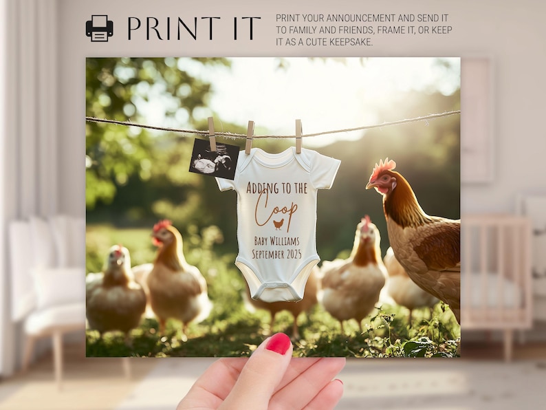 Modèle de toile numérique pour faire-part de grossesse poulet, nouveauté dans la coopérative simple poulet bébé faire-part de grossesse, faire-part de bébé ferme occidentale modifiable image 3