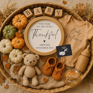 Simple Thanksgiving Pregnancy Announcement Digital Template, Editable Fall Baby Announcement Gender Neutral, November Social Media Reveal