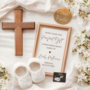 Simple Christian Pregnancy Announcement Digital Template, Editable Boho Religious Gender Neutral Baby Reveal, Bible Verse James 1:17