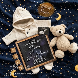 Simple Space Pregnancy Announcement Digital Template, Editable Written in the Stars Baby Announcement, Celestial Baby Reveal Social Media
