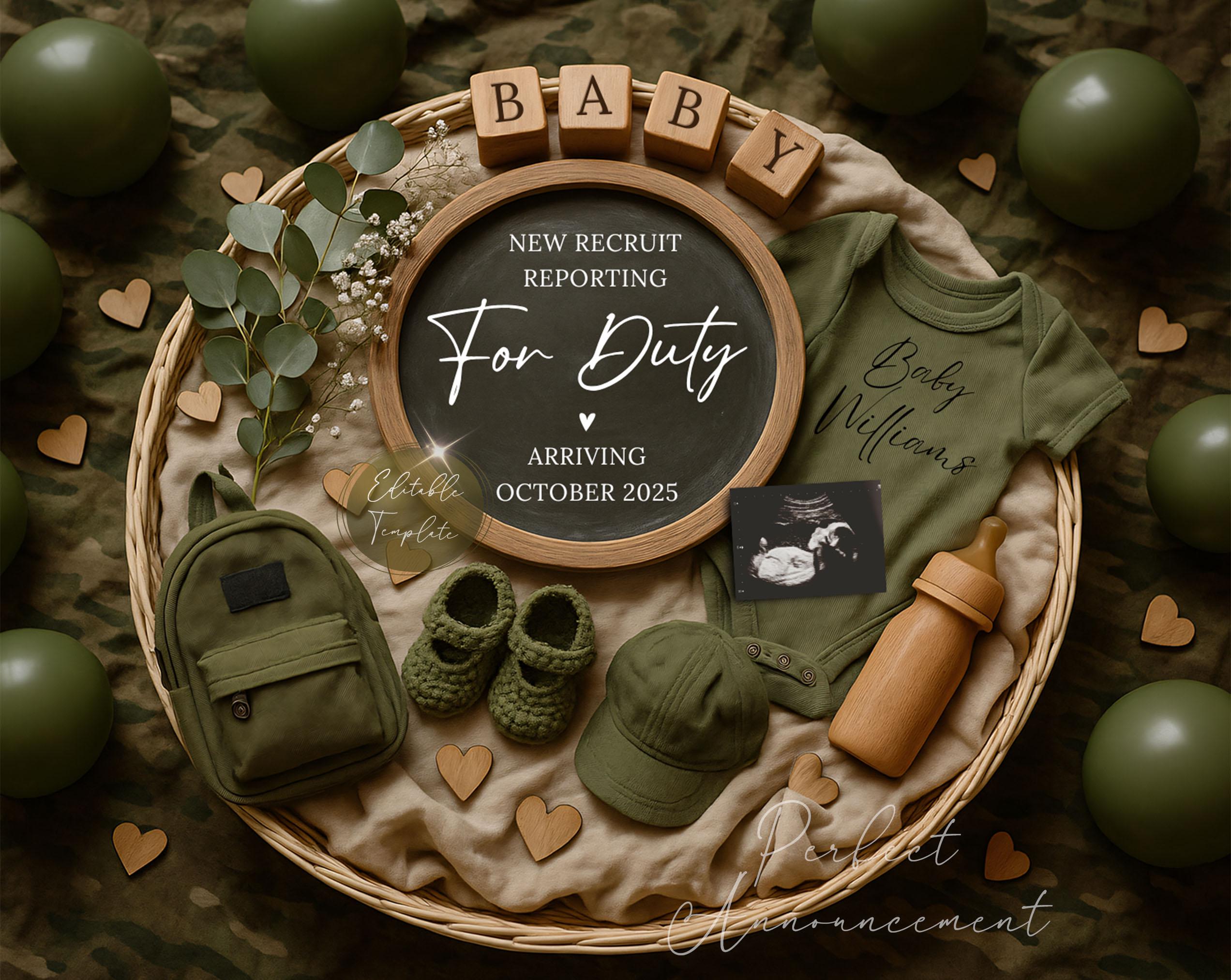 Military Baby Announcement Digital Template for Army Family, Editable New Recruit Reporting for Duty Pregnancy Announcement for Social Media