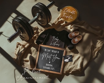 Simple Gym Pregnancy Announcement Digital Template, Editable Minimalist Gym Gender Neutral Baby Reveal, Fitness Weightlifting Baby Announce