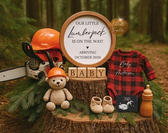 Anuncio de bebé leñador: Revelación de embarazo de género neutro (Plantilla de Canva para descarga digital)