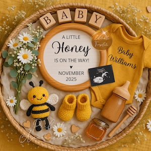 Simple Bee Pregnancy Announcement Digital Template, Editable Honey Bee Baby Announcement, Little Honey Is On The Way, Honey Baby Reveal