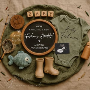 Modello digitale semplice per l'annuncio di gravidanza per un amico pescatore, modello modificabile per l'annuncio di gravidanza di un amico pescatore, modello per la rivelazione del bambino pescatore sui social media