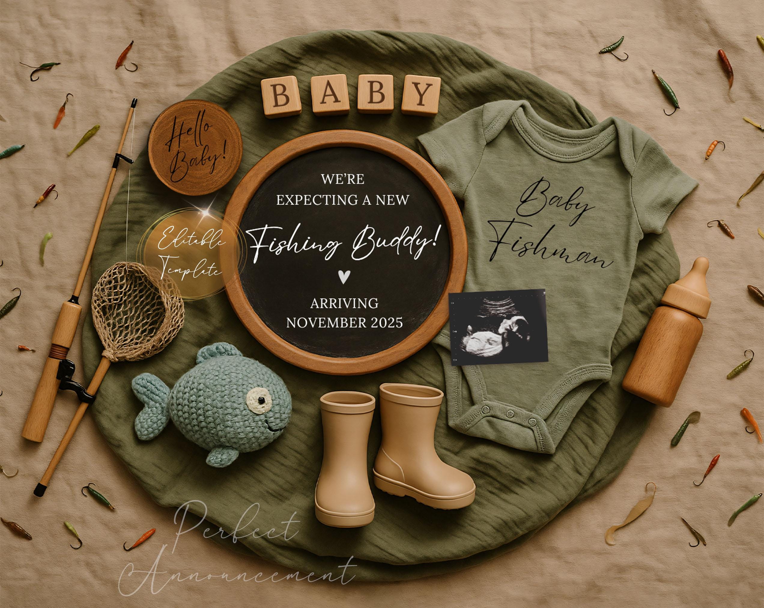 Simple Fishing Pregnancy Announcement Digital Template, Editable Cute Fishing Buddy Pregnancy Announce, Fishing Baby Reveal Social Media