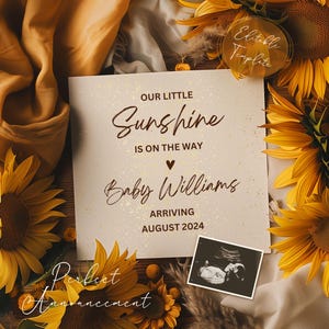 Digitale Sunshine Zwangerschap Aankondiging Sjabloon Canva, Bewerkbare Lente Zonnebloem Baby Aankondiging, Sunshine Baby Reveal, Instant Download