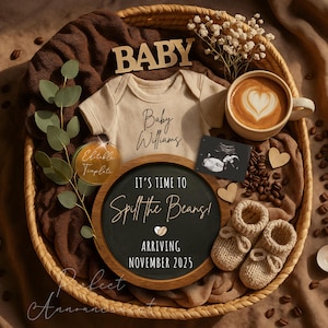Modello digitale semplice per l'annuncio di gravidanza con caffè per gli amanti del caffè, modificabile. Annuncio di gravidanza per i social media.
