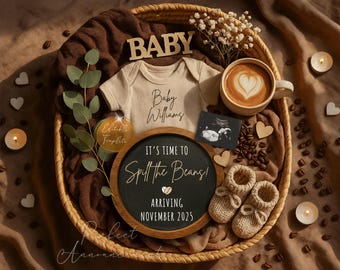 Simple Coffee Pregnancy Announcement Digital Template for Coffee Lover, Editable Time to Spill the Beans Baby Announcement for Social Media