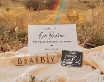 May include: A pregnancy announcement featuring a card with the text "Blessed With Our Rainbow" and "January 2026". Wooden blocks spell "BABY" and a sonogram image is also included. The image has a soft, natural aesthetic.