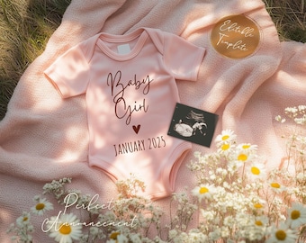 Simple Girl Pregnancy Announcement Digital, Editable It&#39;s a Girl Gender Reveal Pregnancy Announce, Canva Template Instant Download