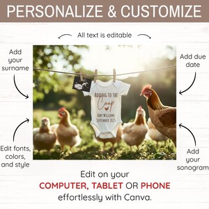 Peut inclure: Une barboteuse blanche avec le texte "Adding to the Coop" et un petit graphique de poulet. La barboteuse est suspendue &agrave; une corde &agrave; linge avec une image de sonogramme et une date d'&eacute;ch&eacute;ance. La barboteuse est entour&eacute;e de poulets dans un champ herbeux.