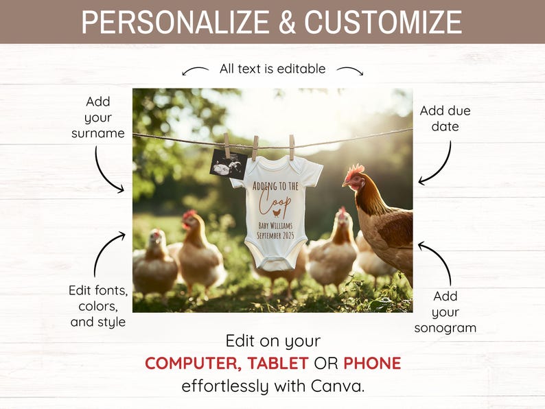 Peut inclure: Une barboteuse blanche avec le texte "Adding to the Coop" et un petit graphique de poulet. La barboteuse est suspendue &agrave; une corde &agrave; linge avec une image de sonogramme et une date d'&eacute;ch&eacute;ance. La barboteuse est entour&eacute;e de poulets dans un champ herbeux.