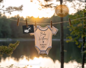 Simple Lake Pregnancy Announcement Digital Template, Editable Summer Baby Announcement, Outdoorsy Lake Gender Neutral Baby Reveal Canva