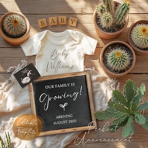 Modèle numérique de faire-part de grossesse simple famille, plantes modifiables, faire-part de bébé cactus, bébé Boho neutre entre les sexes