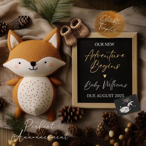 Simple Fox Pregnancy Announcement Digital Template, Editable Woodland Baby Reveal, Cute Gender Neutral Forest Baby Announcement
